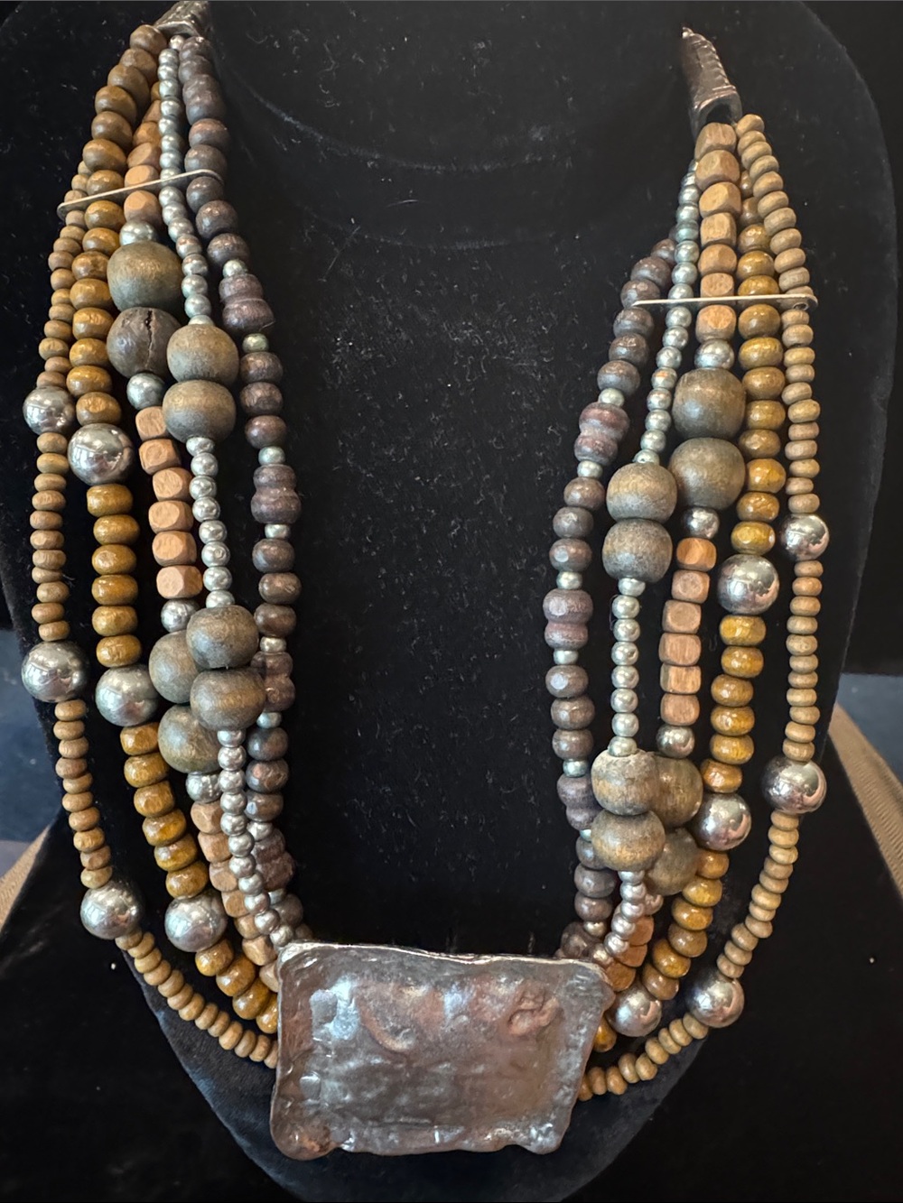Bohemian Multi-Strand Rustic Statement Necklace in Wooden and Silver-Tone Beads